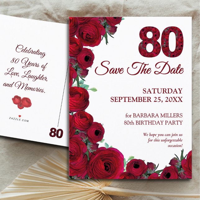 Bold Red Floral 80th Birthday Save the Date Announcement Postcard (Creator Uploaded)