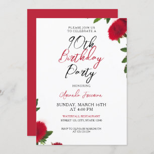 Bold Red Flowers Feminine 90th Birthday Invitation