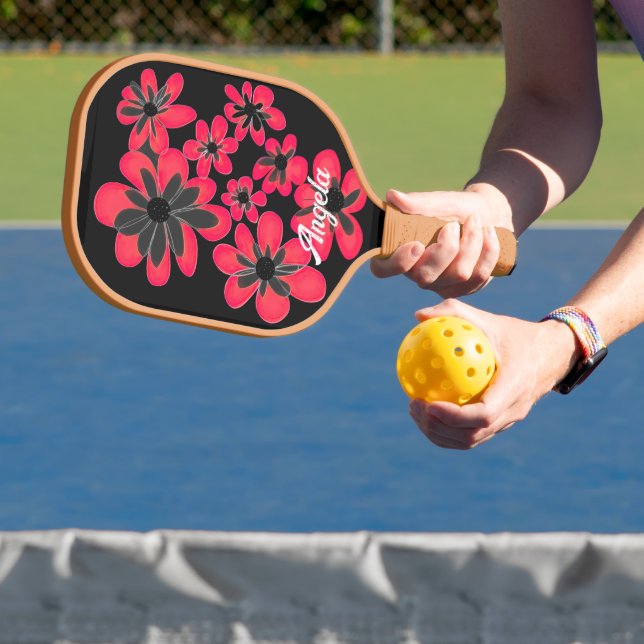 bold red flowers on black  personalise it  pickleball paddle (Insitu)