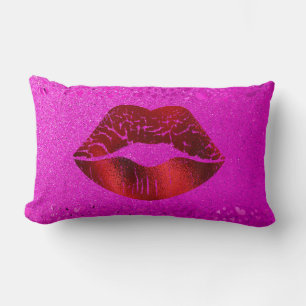 Bold Red Foil Lips Modern Simple Chic Pink Glitter Lumbar Cushion