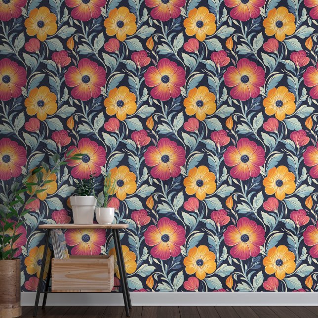 Bold Red & Gold Blooms on Navy Background  Wallpaper (Creator Uploaded)