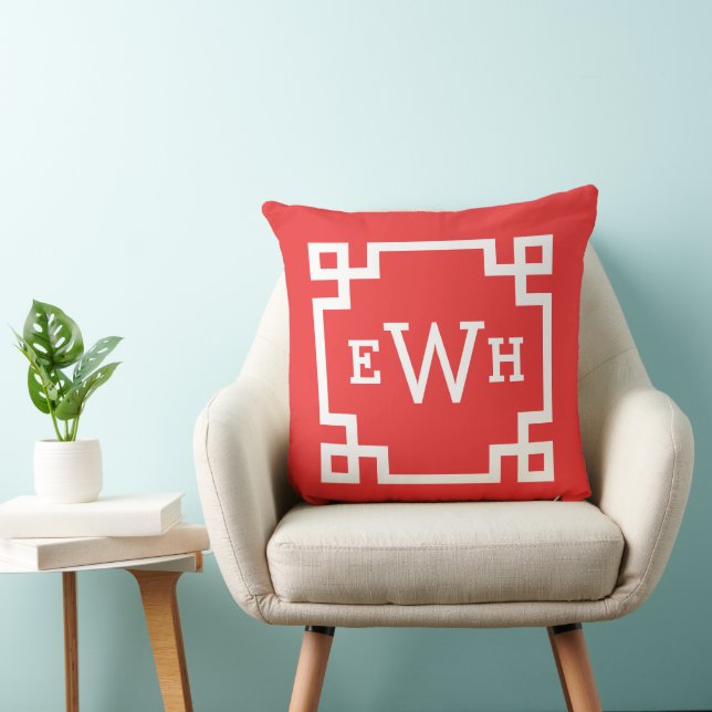 Bold Red Greek Key Monogram Initial Cushion (Chair)