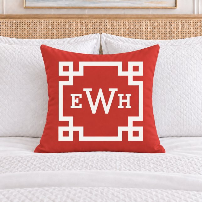 Bold Red Greek Key Monogram Initial Cushion (Creator Uploaded)