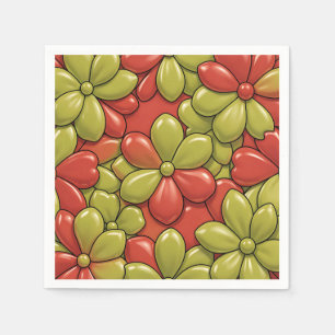 Bold Red Green Flower Pattern Glossy Heart Petals Napkin