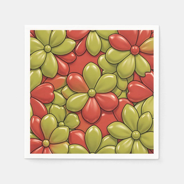 Bold Red Green Flower Pattern Glossy Heart Petals Napkin (Front)