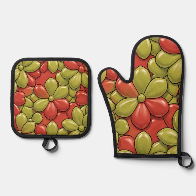 Bold Red Green Flower Pattern Glossy Heart Petals Oven Mitt & Pot Holder Set (Front)