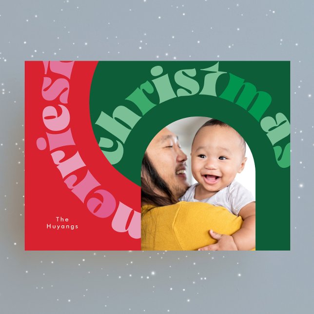 Bold Red Green Typography Oval One Photo Christmas Holiday Card (Creator Uploaded)
