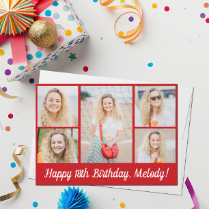 Bold Red Happy Birthday Photo Collage Custom Card