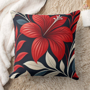 Bold Red Hibiscus Tropical Floral Cushion