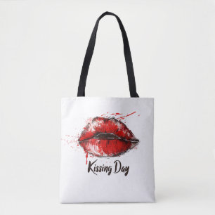Bold Red Lips Graphic Tote Bag - Trendy Kiss Mark