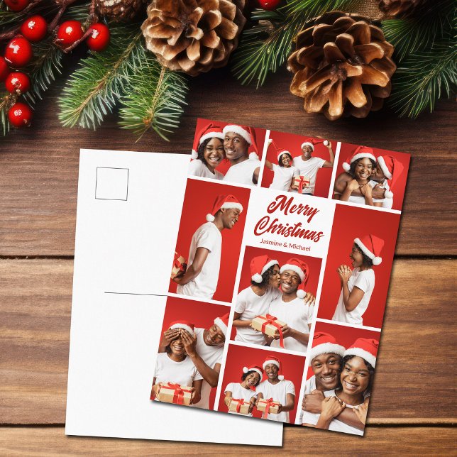 Bold Red Merry Christmas Photo Collage 2025 Holiday Postcard (Creator Uploaded)