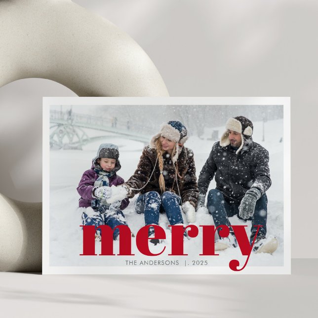 Bold Red Merry Photo Family Christmas Modern Holiday Card (Creator Uploaded)