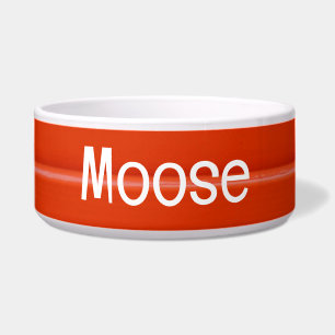Bold Red Metal Texture Pet Bowl with Moose Text