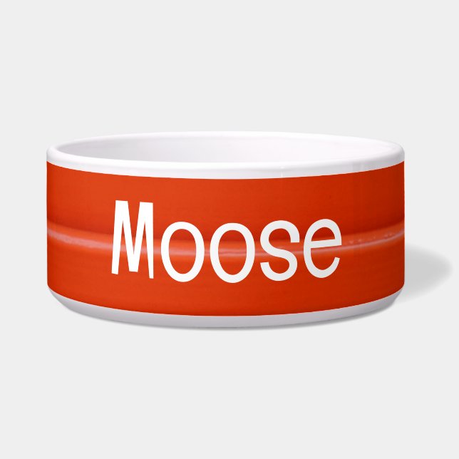 Bold Red Metal Texture Pet Bowl with Moose Text (Front)