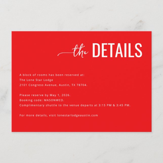 Bold Red Minimalist Wedding Details Card (Front)
