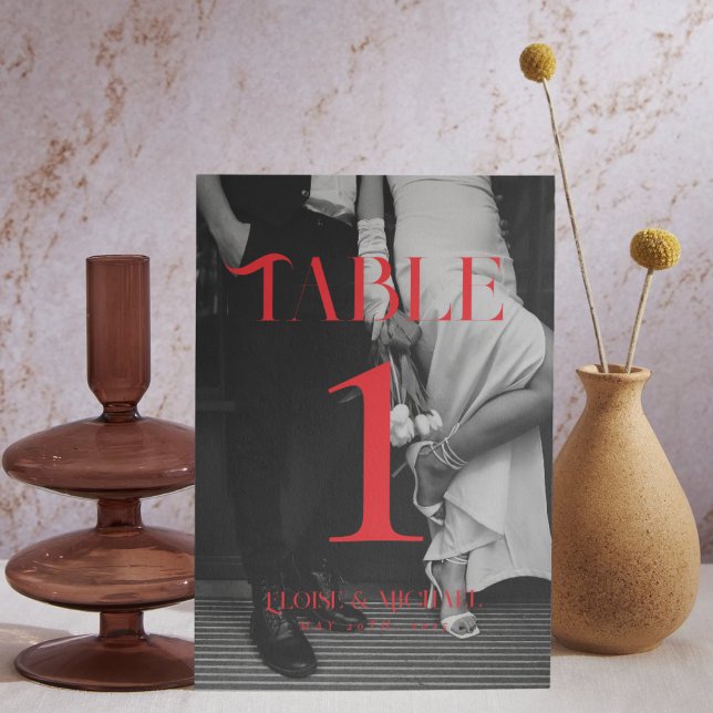 Bold Red Modern Black and White Photo Wedding  Table Number (Make a striking statement at your reception with this bold photo table number card.)