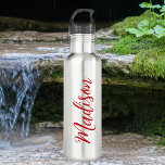 Bold Red Name Handwritten Script Custom 710 Ml Water Bottle<br><div class="desc">A bold red personalised monogram water bottle for a girl or guy who loves simple,  handwritten gifts. Beautiful cursive script down the side of your bottle spelling out your name.</div>