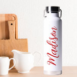 Bold Red Name Handwritten Script Custom Water Bottle<br><div class="desc">A bold red personalised monogram water bottle for a girl or guy who loves simple,  handwritten gifts. Beautiful cursive script down the side of your bottle spelling out your name.</div>