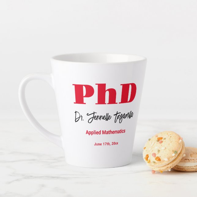 Bold Red Name PhD Graduation Latte Mug (In Situ)