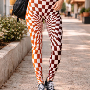 Bold Red Orange Chequered Illusion Pattern Leggings