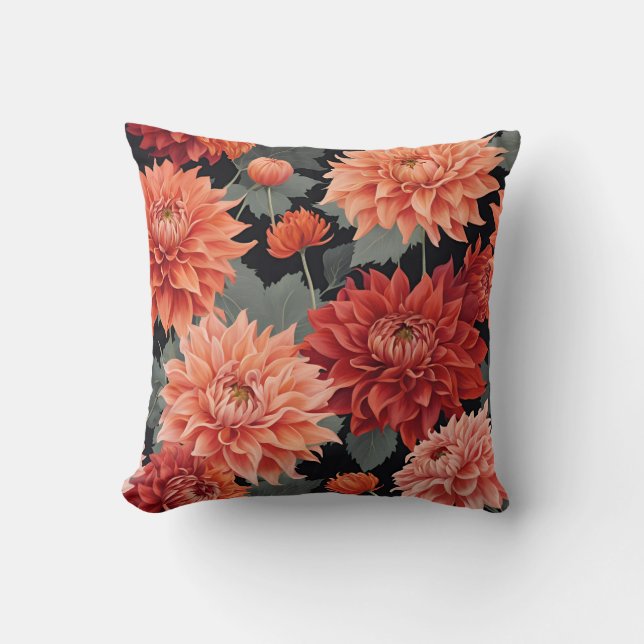 Bold Red & Orange Dahlia Floral Pattern Cushion (Front)