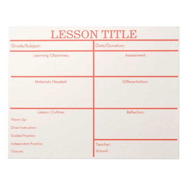 Bold Red Peach Retro Lesson Planner for Teachers Notepad (Front)