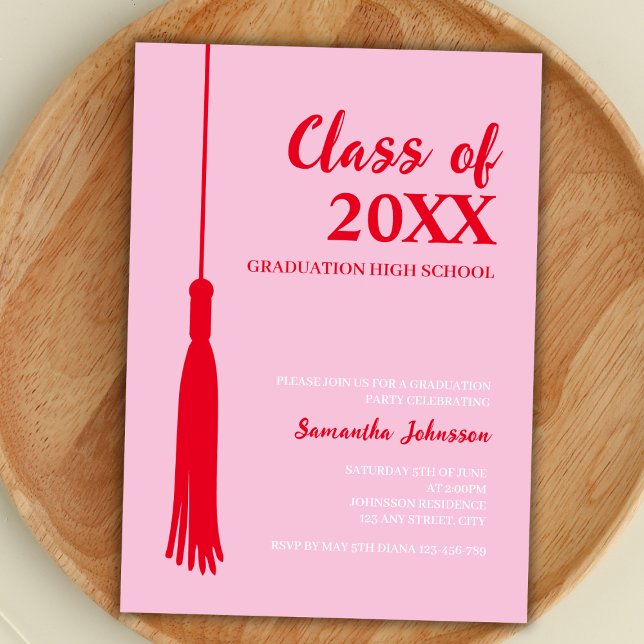 Bold Red & Pink 2025 Grad Tassel Graduation Invitation (graduation party invitation class of 2024 feminine minimalist bold red and pink grad tassel)