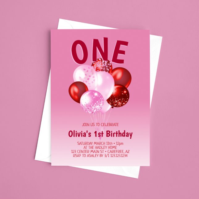 Bold Red Pink Balloons 1st Birthday Invitation (Creator Uploaded)