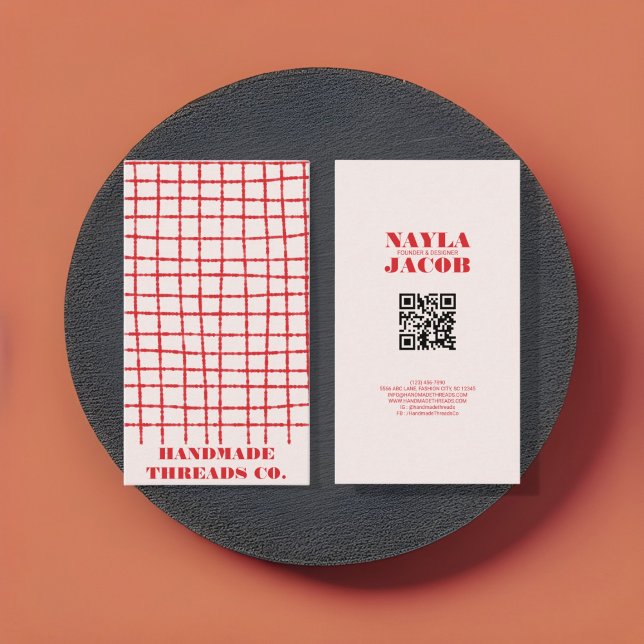 Bold Red Pink Check Pattern QR Code for Handmade Business Card (Creator Uploaded)