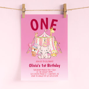 Bold Red Pink Circus 1st Birthday Invitation