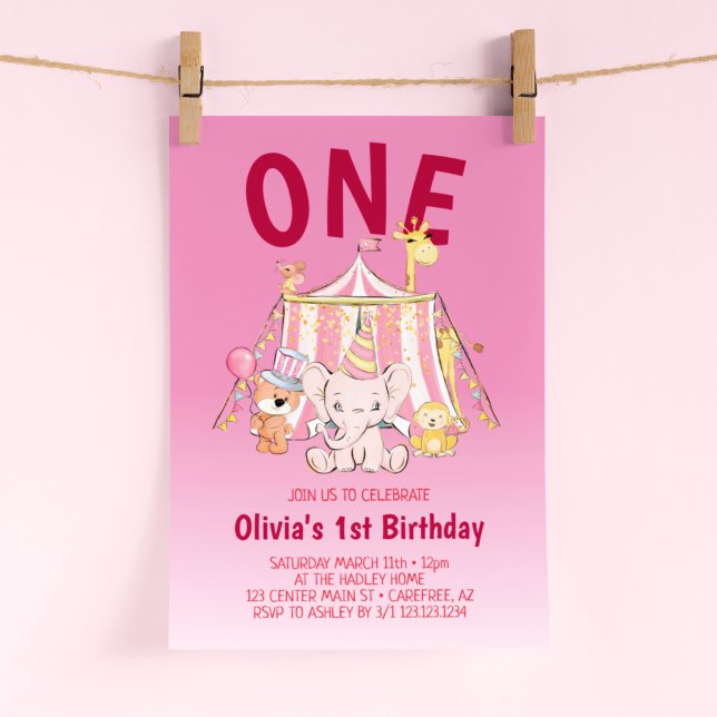 Bold Red Pink Circus 1st Birthday Invitation (Creator Uploaded)