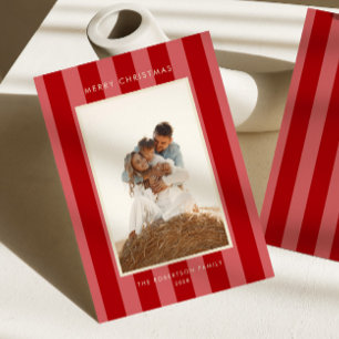 Bold Red & Pink Retro Stripe Photo Christmas Holiday Card
