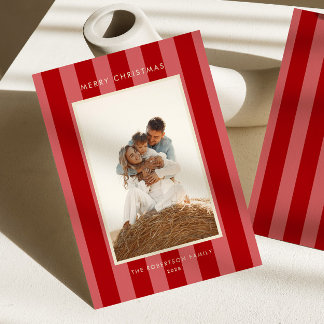 Bold Red & Pink Retro Stripe Photo Christmas Holiday Card