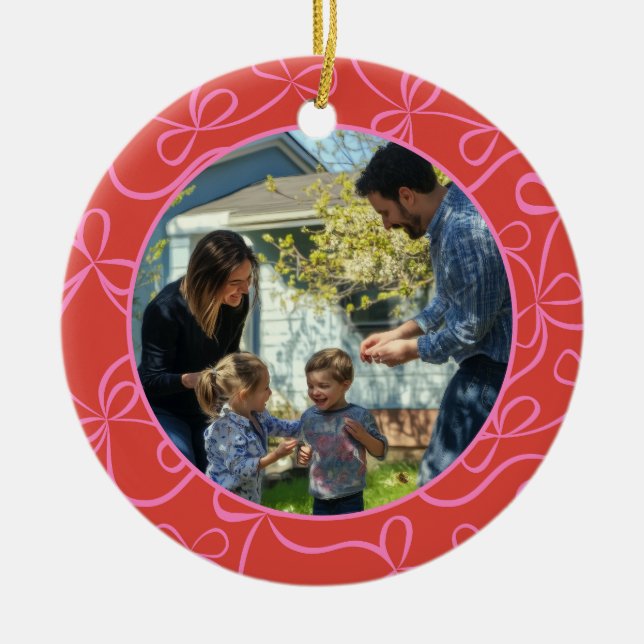 Bold Red Pink Ribbon Pattern Custom Photo Holiday Ceramic Ornament (Front)