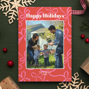 Bold Red & Pink Ribbon Pattern Photo  Holiday Card