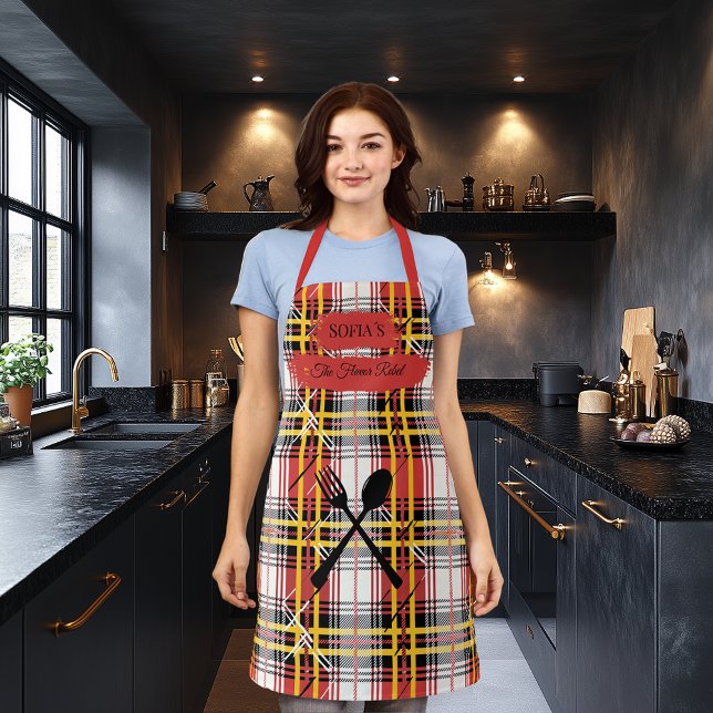 Bold Red Plaid Personalised with Cooking Utensils Apron (Creator Uploaded)