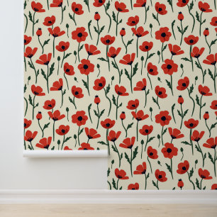 Bold Red Poppies Classic Floral Pattern Wallpaper