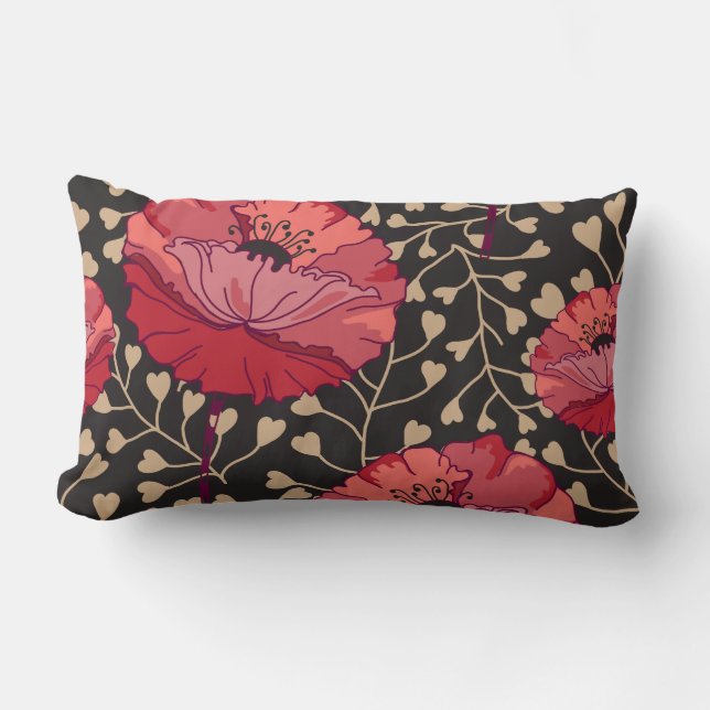 Bold Red Poppy Floral Flower Print Lumbar Cushion (Front)