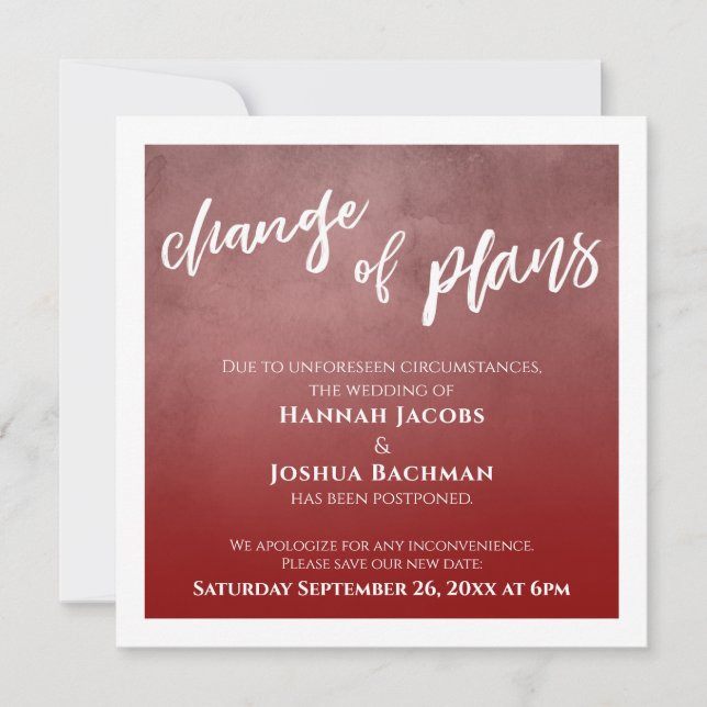 Bold Red Postponed Wedding Change of Plans Card (Front)