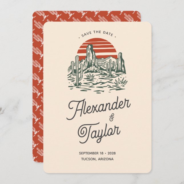 Bold Red Retro Saguaro Landscape Desert Wedding Save The Date (Front/Back)