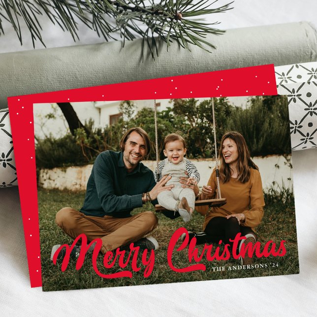 Bold Red Retro Script Merry Christmas 2 Photo Holiday Card (Creator Uploaded)