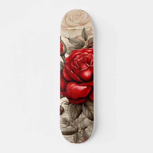 Bold Red  Rose Decoupage Inspired Collage Skateboard (Front)