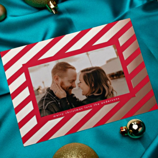 Bold Red Rose Gold Pressed Christmas Stripe Photo Foil Holiday Card (Creator Uploaded)