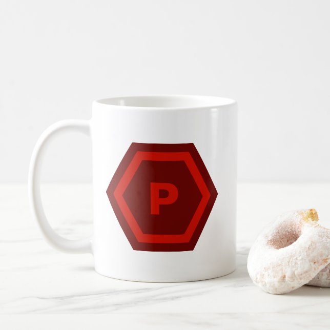 Bold Red Single Letter Monogram in Hexagons Coffee Mug (With Donut)