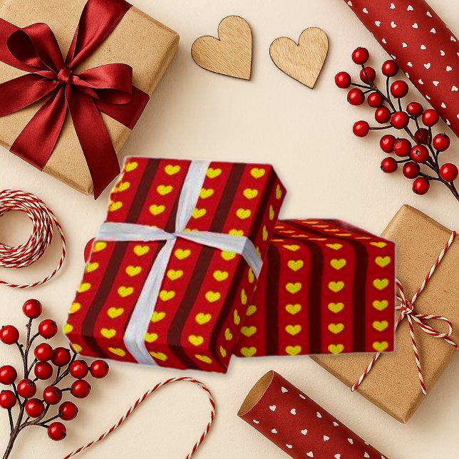 Bold Red Stripe Yellow Heart Romantic Wrapping Paper (Creator Uploaded)