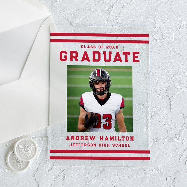 Bold Red Stripes Athletic Photo Graduation Acrylic Invitations (Creator Uploaded)