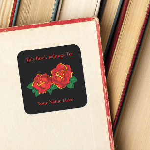 Bold Red Traditional Roses Tattoo Black Bookplate Square Sticker