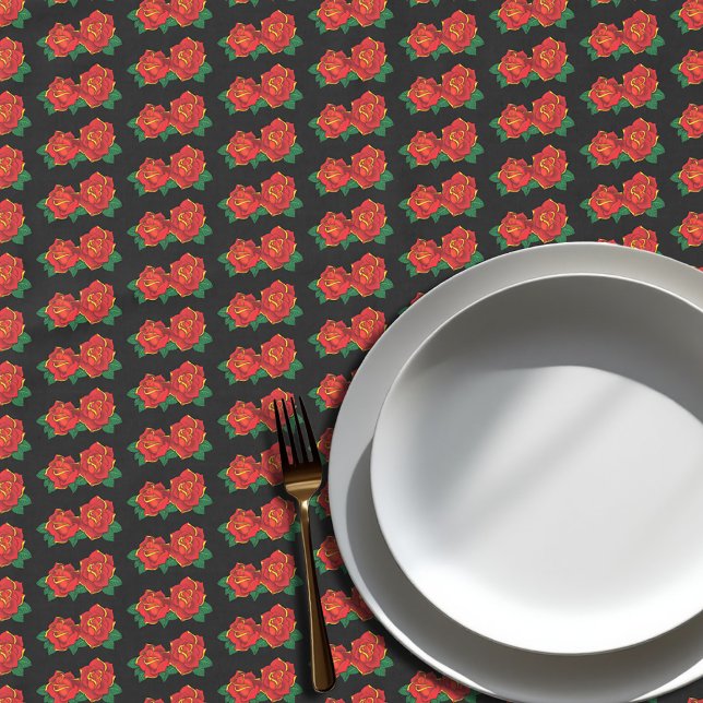 Bold Red Traditional Roses Tattoo Black Tablecloth (Creator Uploaded)