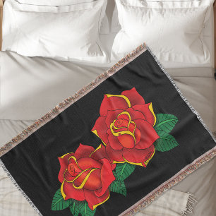 Bold Red Traditional Roses Tattoo Black Throw Blanket
