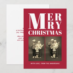 Bold Red Two Photo Modern Christmas Holiday Card